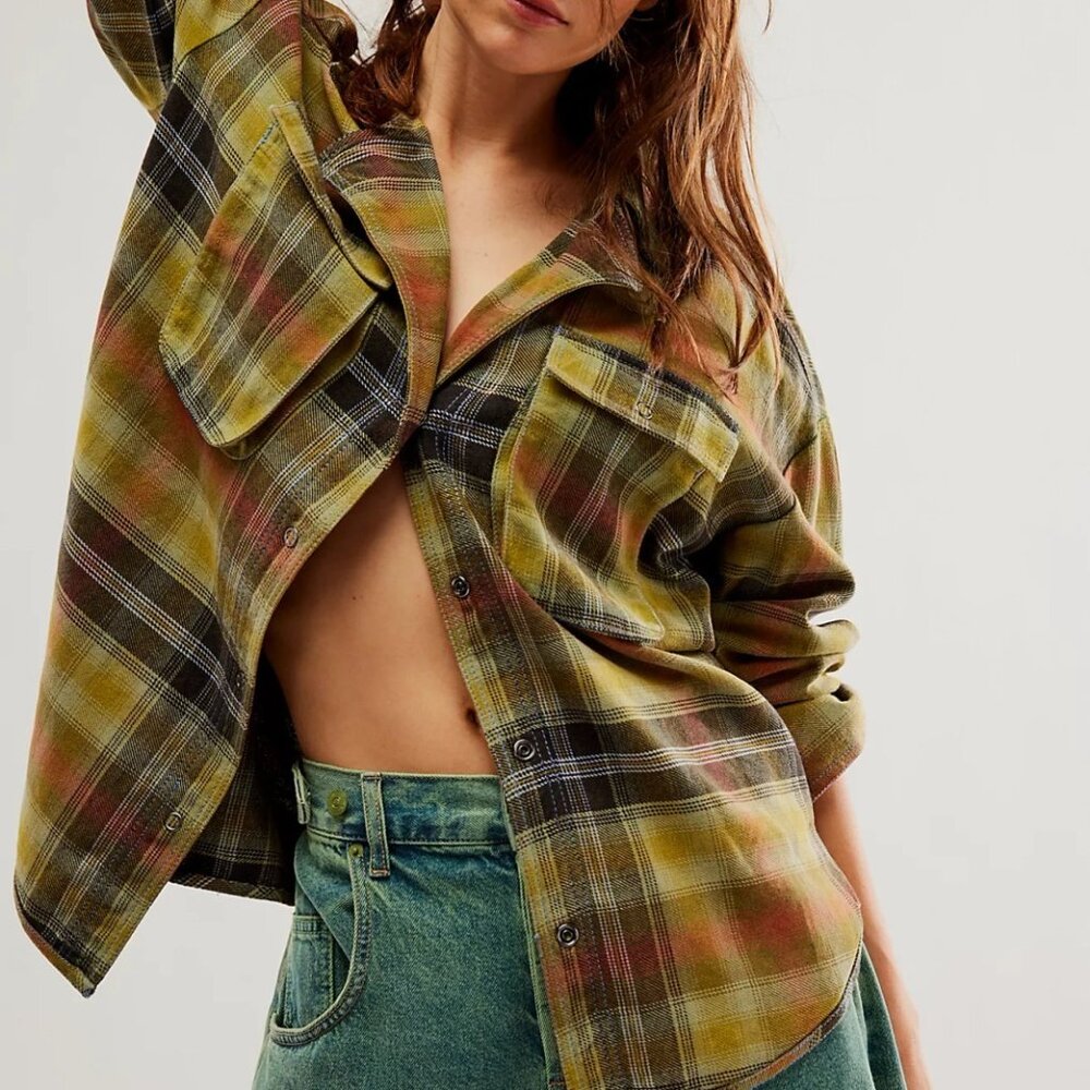 Free People Izzie Cargo Shirt Womens XL Olive Combo Oversized - Picture 1 of 5